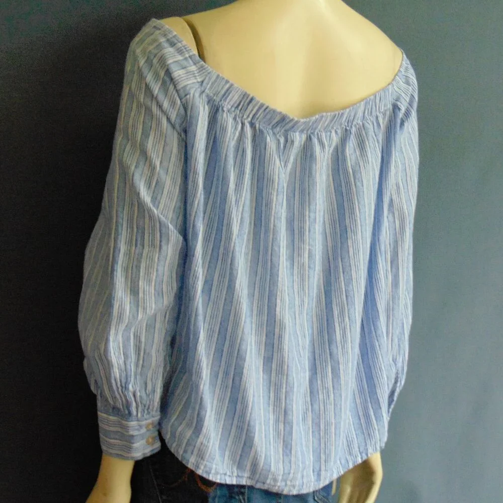 Free People Blue Striped Hello There Linen Tie Front Off Shoulder Top L - Picture 7 of 10